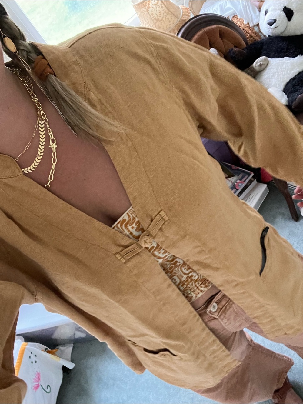 Mustard Linen Button-Front Women's Top - Picture 2 of 10